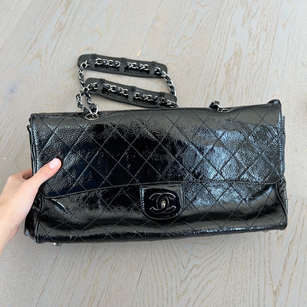 CHANEL *Rare* Vintage Black Leather Jumbo Travel Flap Shoulder Bag